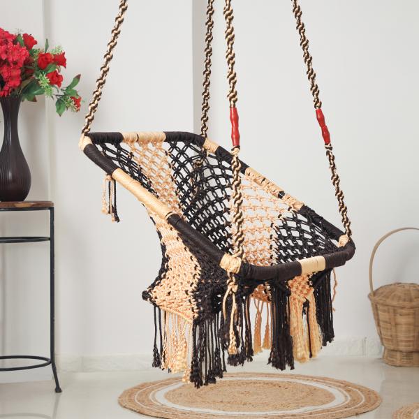 Buy Square Hammock Swing Chair – Sturdy Cotton Uyyala Jula for Adults & Kids | Indoor/Outdoor Balcony Swing in Golden & Coffee