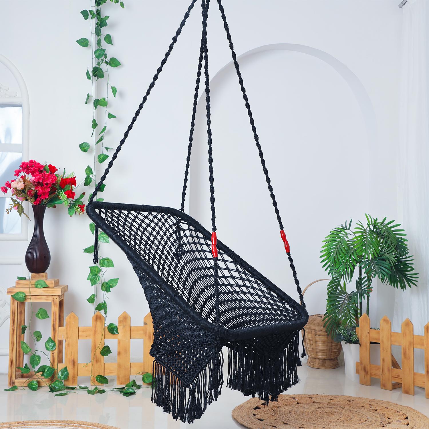Hammock Swing Hanging Chair uyyala jula for Adult Kids Indoor Outdoor Balcony Sturdy Cotton Rope Swing Chair for Indoor, Outdoor, Bedroom - Black