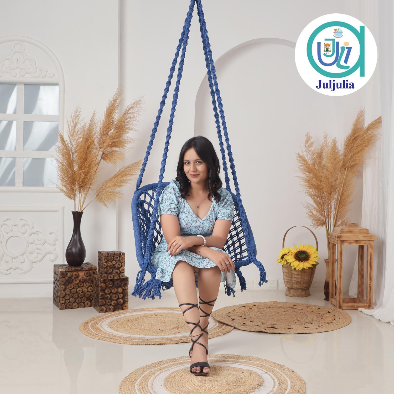 Buy C-Shape Hammock Swing Chair for Adults & Kids | Durable Cotton Jhula for Balcony, Indoor & Outdoor | Supports 80 kg - Blue