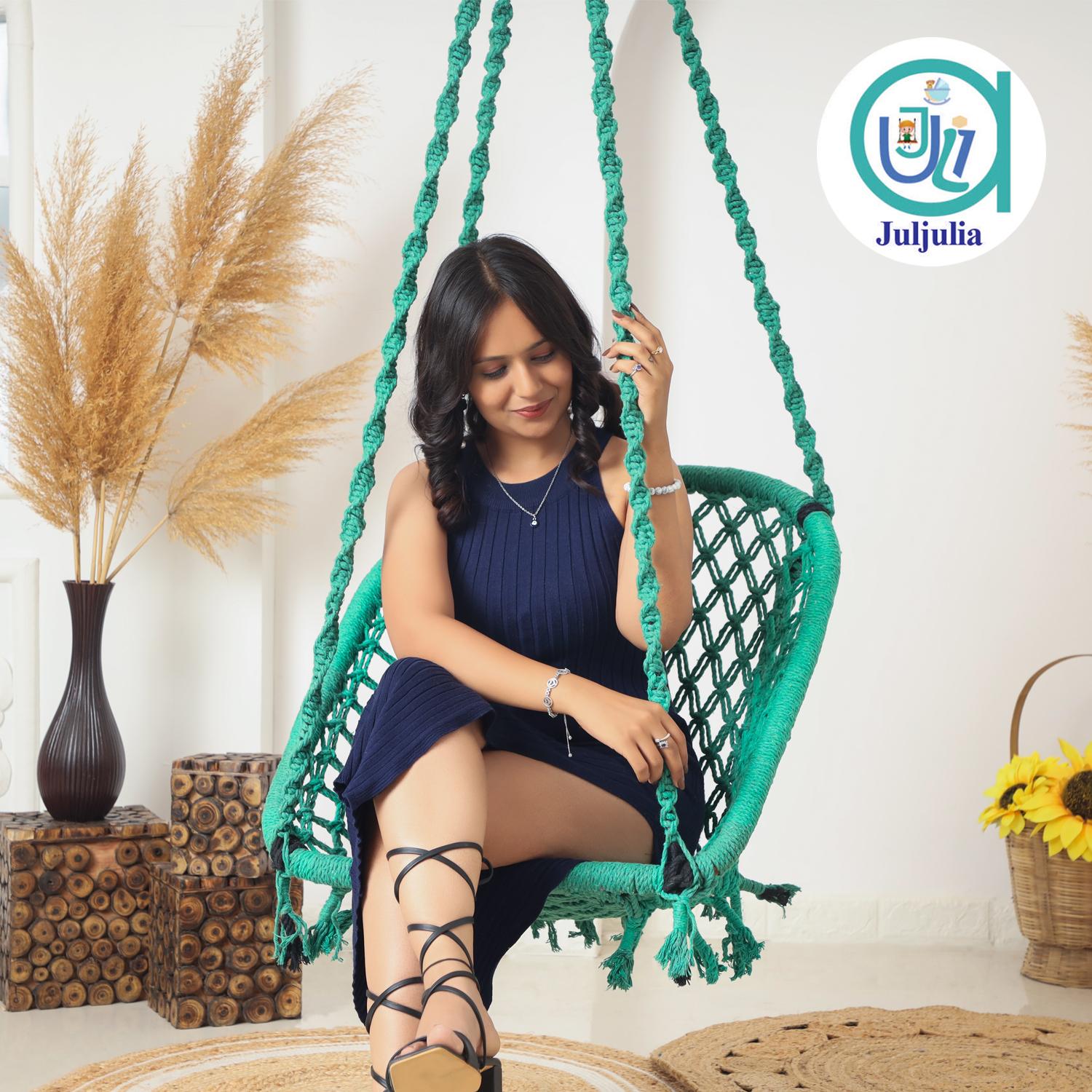 Buy C-Shape Hammock Swing Hanging Chair (Uyyala Jula) for Adults & Kids – Durable Cotton for Indoor/Outdoor Use – Max 80kg Capacity – Green – Comfortable & Relaxing