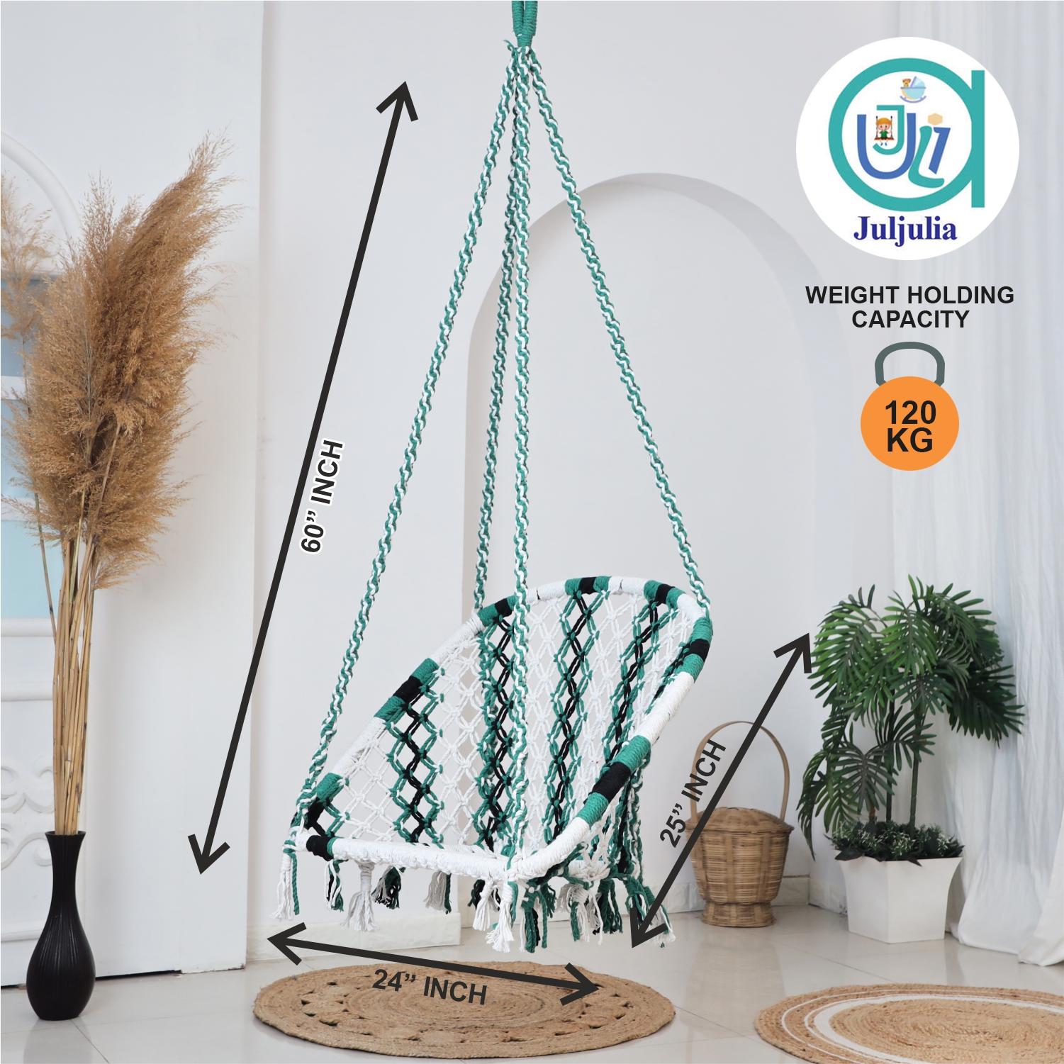 Buy C-Shape Hammock Swing Chair (Jula) for Adults & Kids - Sturdy Cotton Indoor/Outdoor Swing - Max Weight Capacity 80kg - Green & White, Black