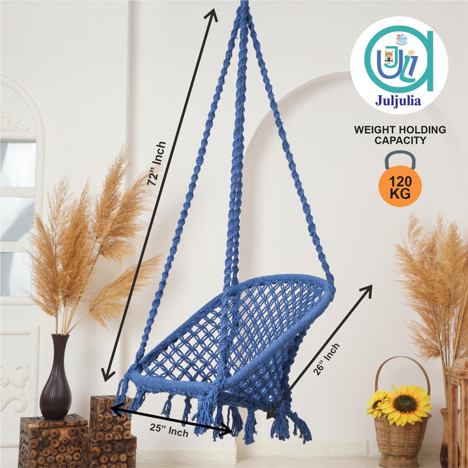 Buy C-Shape Hammock Swing Chair for Adults & Kids | Durable Cotton Jhula for Balcony, Indoor & Outdoor | Supports 80 kg - Blue