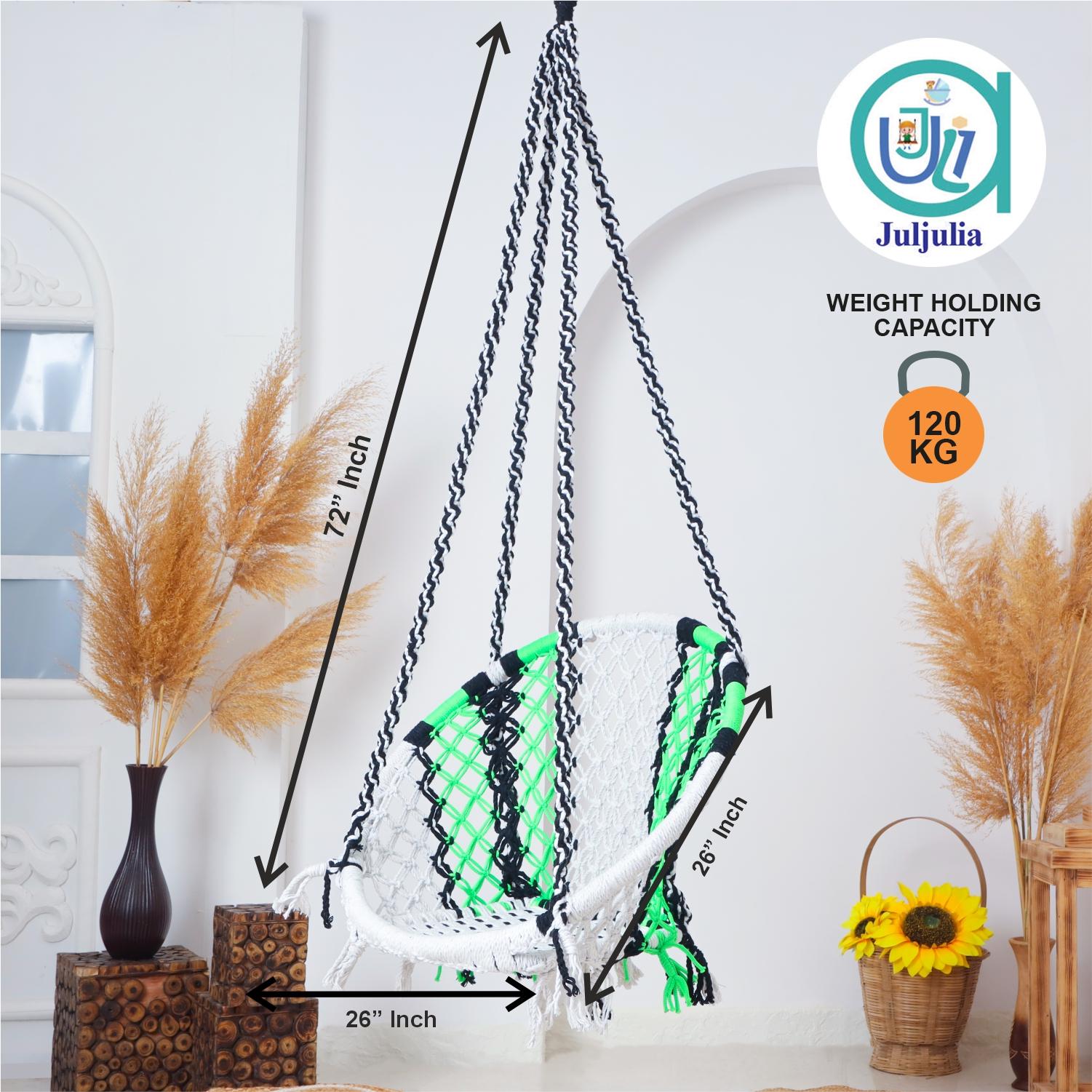 Hammock Swing Hanging Chair uyyala jula for Adult Kids Indoor Outdoor Balcony Sturdy Cotton Rope Swing Chair for Indoor, Outdoor, Bedroom - white & Black, Green
