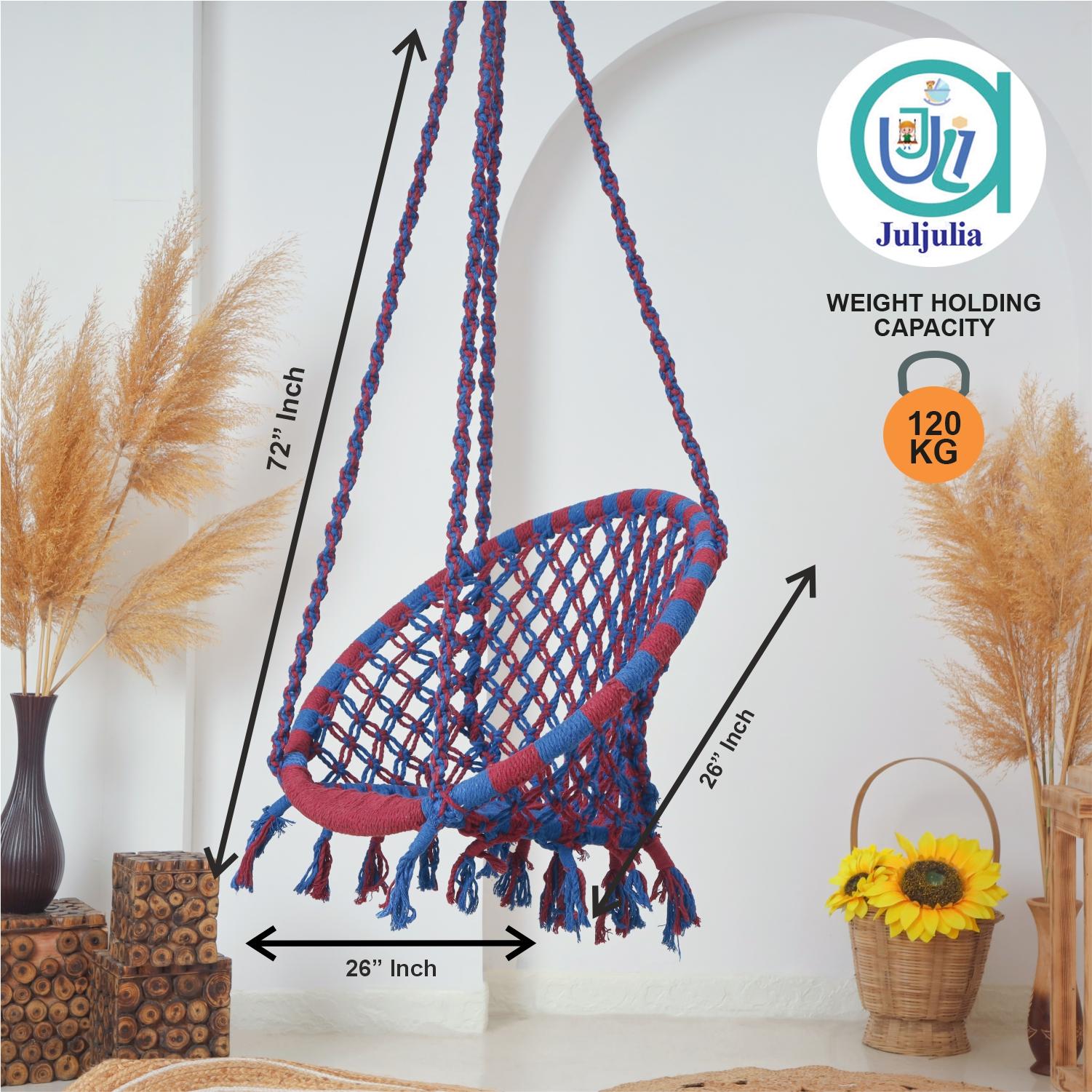 Hammock Swing Hanging Chair uyyala jula for Adult Kids Indoor Outdoor Balcony Sturdy Cotton Rope Swing Chair for Indoor, Outdoor, Bedroom - Maroon & Blue