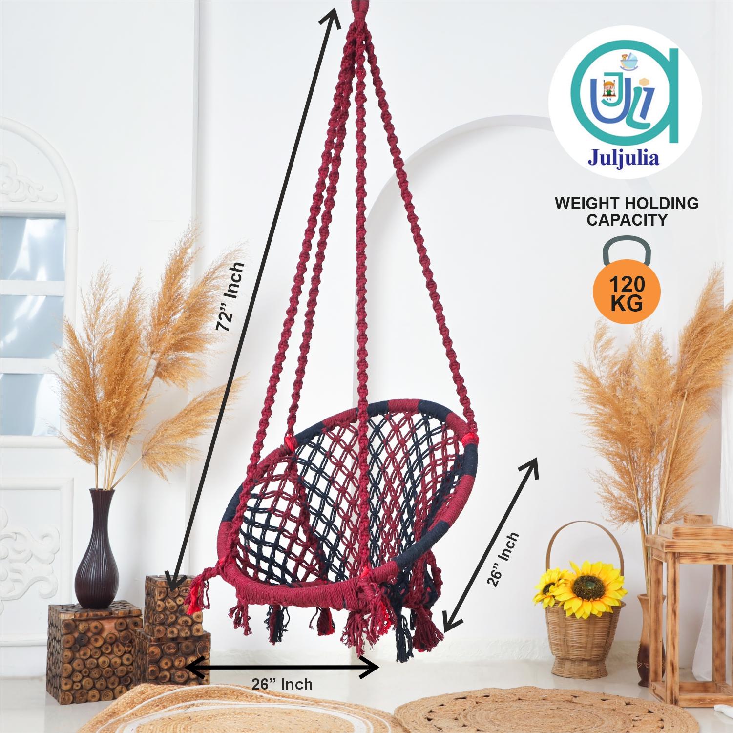 Hammock Swing Hanging Chair uyyala jula for Adult Kids Indoor Outdoor Balcony Sturdy Cotton Rope Swing Chair for Indoor, Outdoor, Bedroom - Maroon & Black