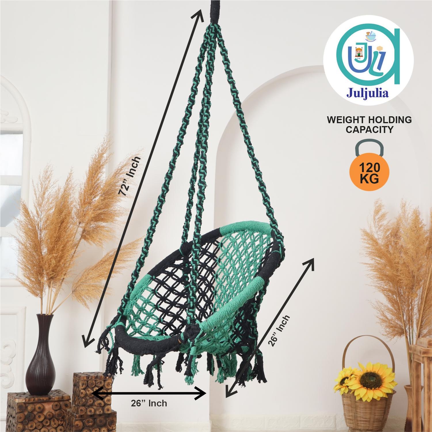 Hammock Swing Hanging Chair uyyala jula for Adult Kids Indoor Outdoor Balcony Sturdy Cotton Rope Swing Chair for Indoor, Outdoor, Bedroom - Green & Black