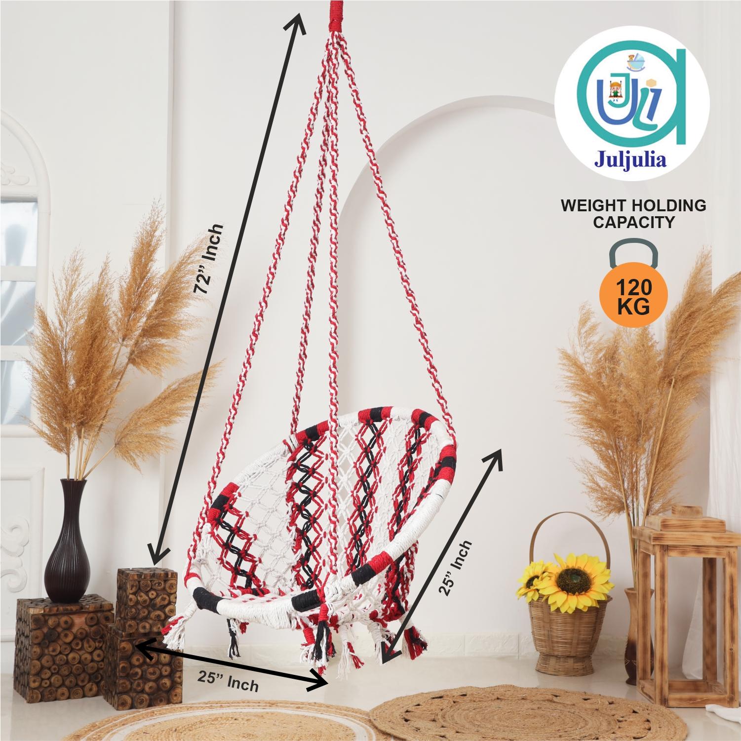 Hammock Swing Hanging Chair uyyala jula for Adult Kids Indoor Outdoor Balcony Sturdy Cotton Rope Swing Chair for Indoor, Outdoor, Bedroom - white & black, red