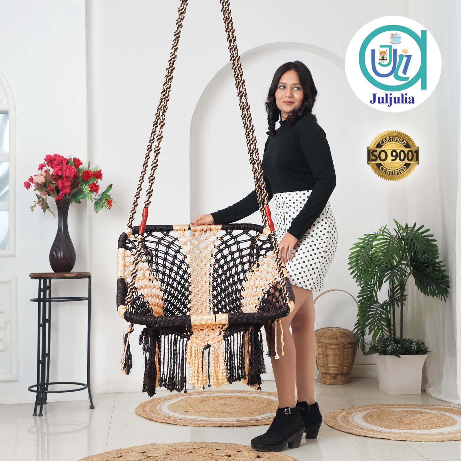 Buy Square Hammock Swing Chair – Sturdy Cotton Uyyala Jula for Adults & Kids | Indoor/Outdoor Balcony Swing in Golden & Coffee