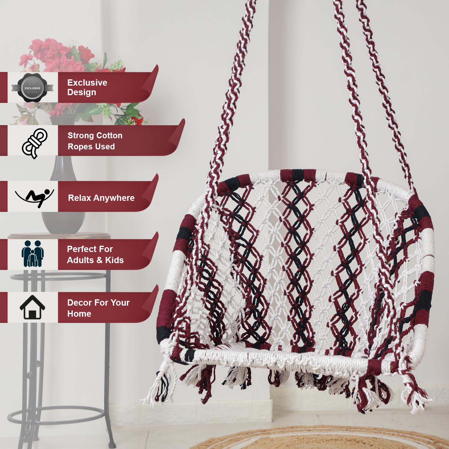 Buy C-Shape Hammock Swing Hanging Chair – Sturdy Cotton Jhula for Adults & Kids – Indoor/Outdoor Use – Maroon & White, Black