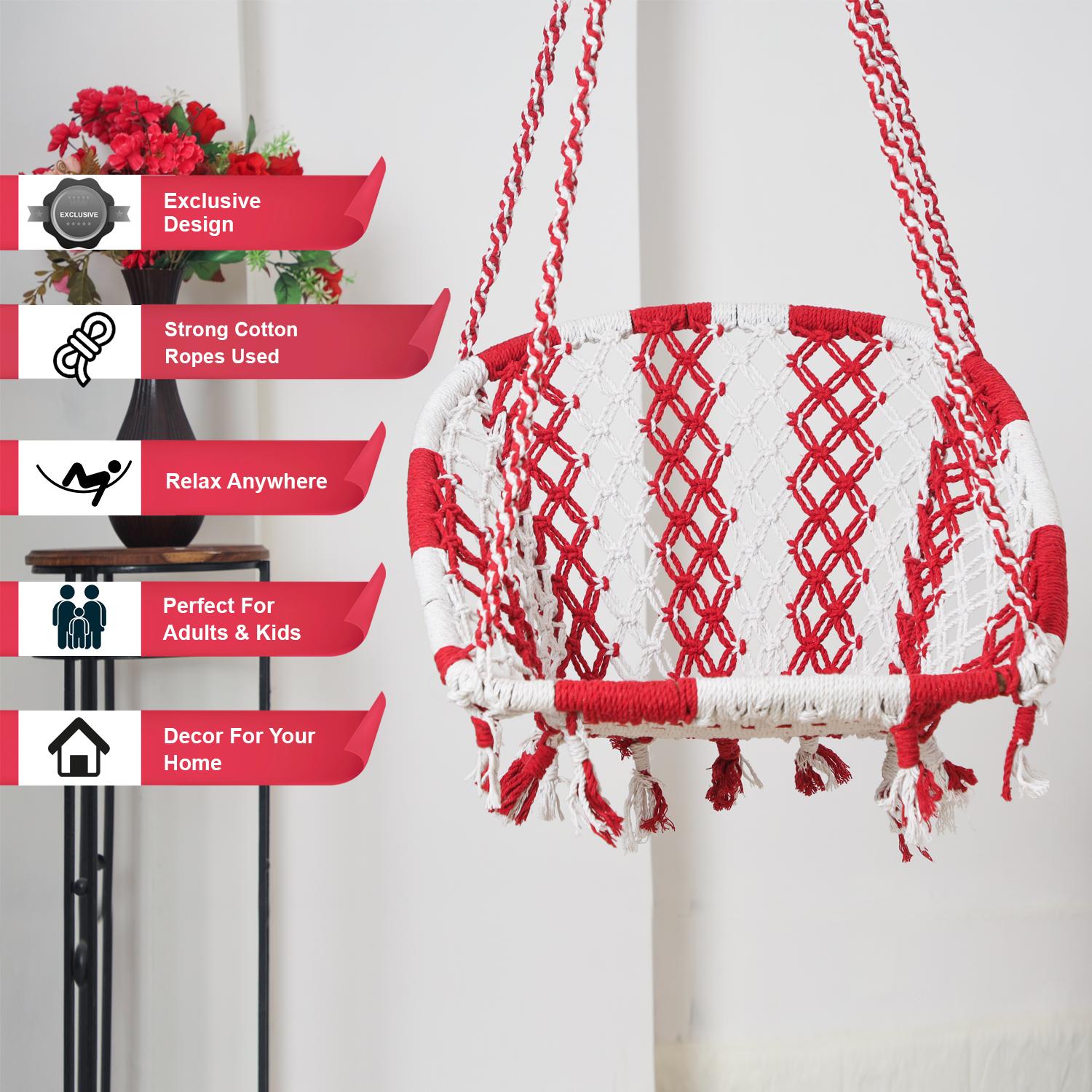 Buy C-Shape Hammock Swing Chair (Uyyala Jhula) - Comfortable Cotton Swing for Adults & Kids, Indoor/Outdoor Use, Max 80kg Capacity, Red & White