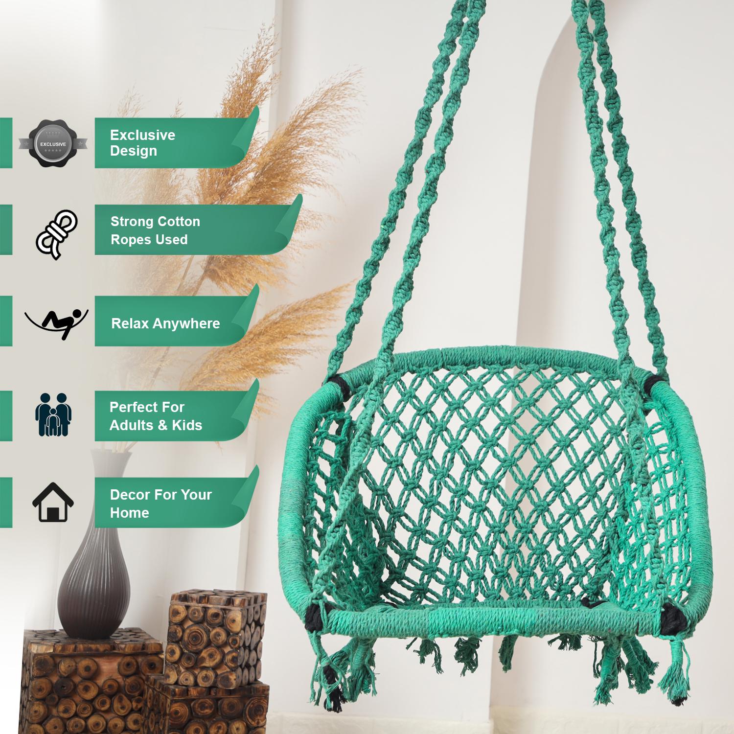 Buy C-Shape Hammock Swing Hanging Chair (Uyyala Jula) for Adults & Kids – Durable Cotton for Indoor/Outdoor Use – Max 80kg Capacity – Green – Comfortable & Relaxing