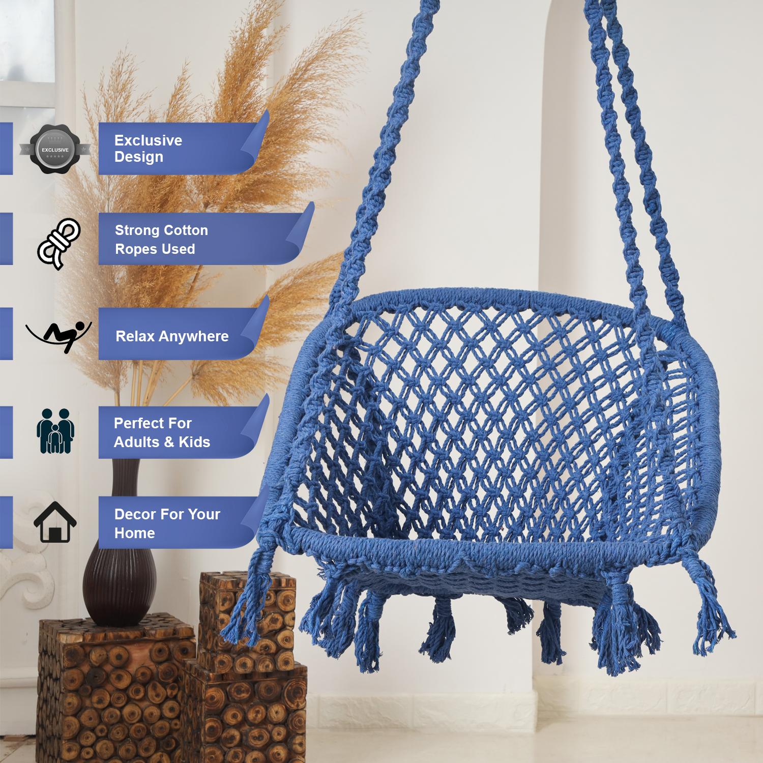 Buy C-Shape Hammock Swing Chair for Adults & Kids | Durable Cotton Jhula for Balcony, Indoor & Outdoor | Supports 80 kg - Blue