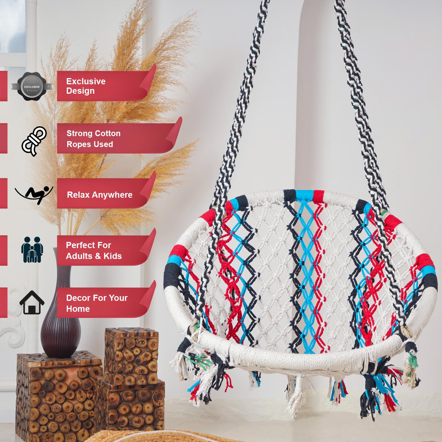 Hammock Swing Hanging Chair uyyala jula for Adult Kids Indoor Outdoor Balcony Sturdy Cotton Rope Swing Chair for Indoor, Outdoor, Bedroom - 4 Multi
