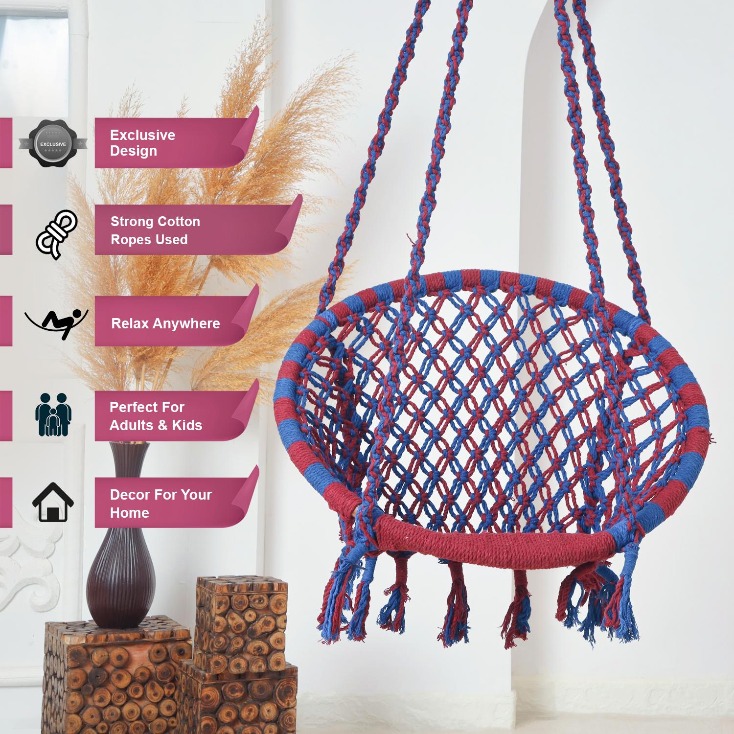 Hammock Swing Hanging Chair uyyala jula for Adult Kids Indoor Outdoor Balcony Sturdy Cotton Rope Swing Chair for Indoor, Outdoor, Bedroom - Maroon & Blue