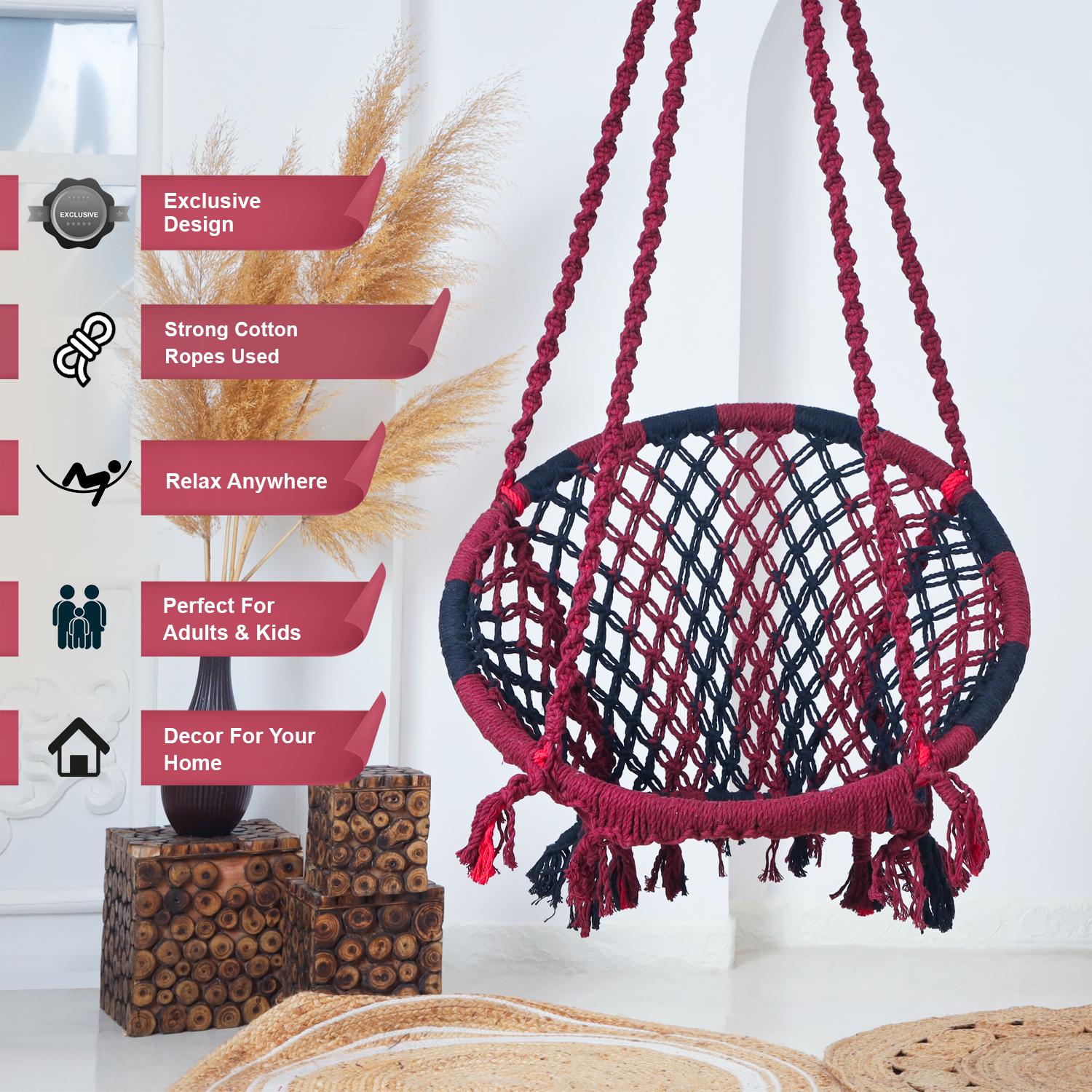 Hammock Swing Hanging Chair uyyala jula for Adult Kids Indoor Outdoor Balcony Sturdy Cotton Rope Swing Chair for Indoor, Outdoor, Bedroom - Maroon & Black