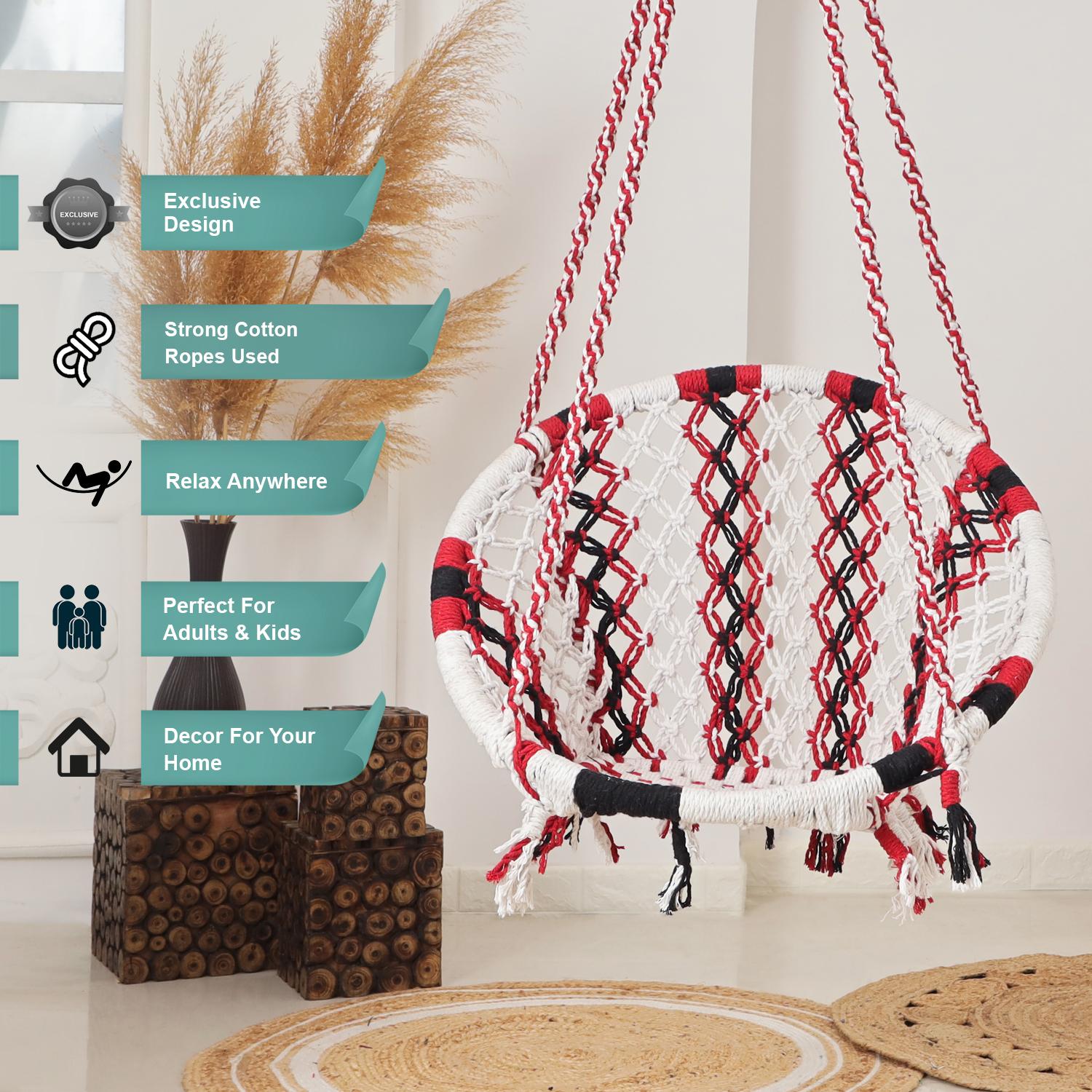 Hammock Swing Hanging Chair uyyala jula for Adult Kids Indoor Outdoor Balcony Sturdy Cotton Rope Swing Chair for Indoor, Outdoor, Bedroom - white & black, red