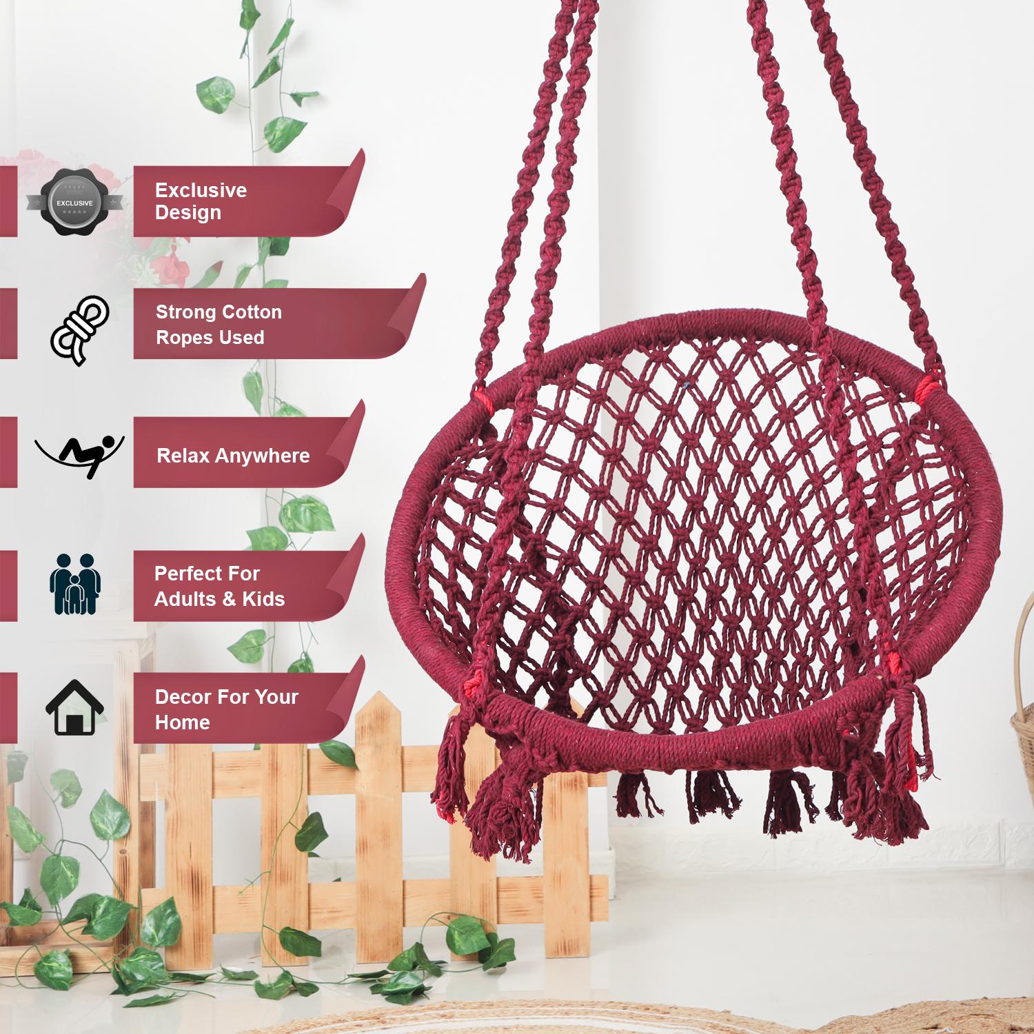 Hammock Swing Hanging Chair uyyala jula for Adult Kids Indoor Outdoor Balcony Sturdy Cotton Rope Swing Chair for Indoor, Outdoor, Bedroom - marun