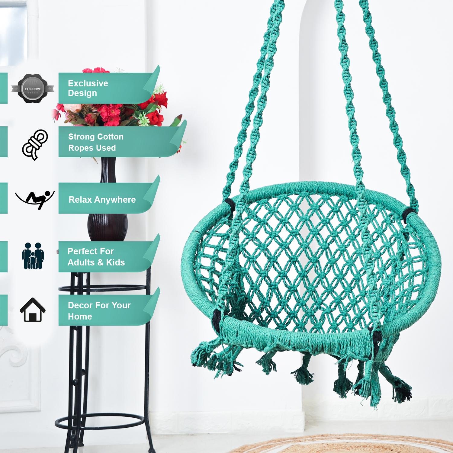 Hammock Swing Hanging Chair uyyala jula for Adult Kids Indoor Outdoor Balcony Sturdy Cotton Rope Swing Chair for Indoor, Outdoor, Bedroom -Green
