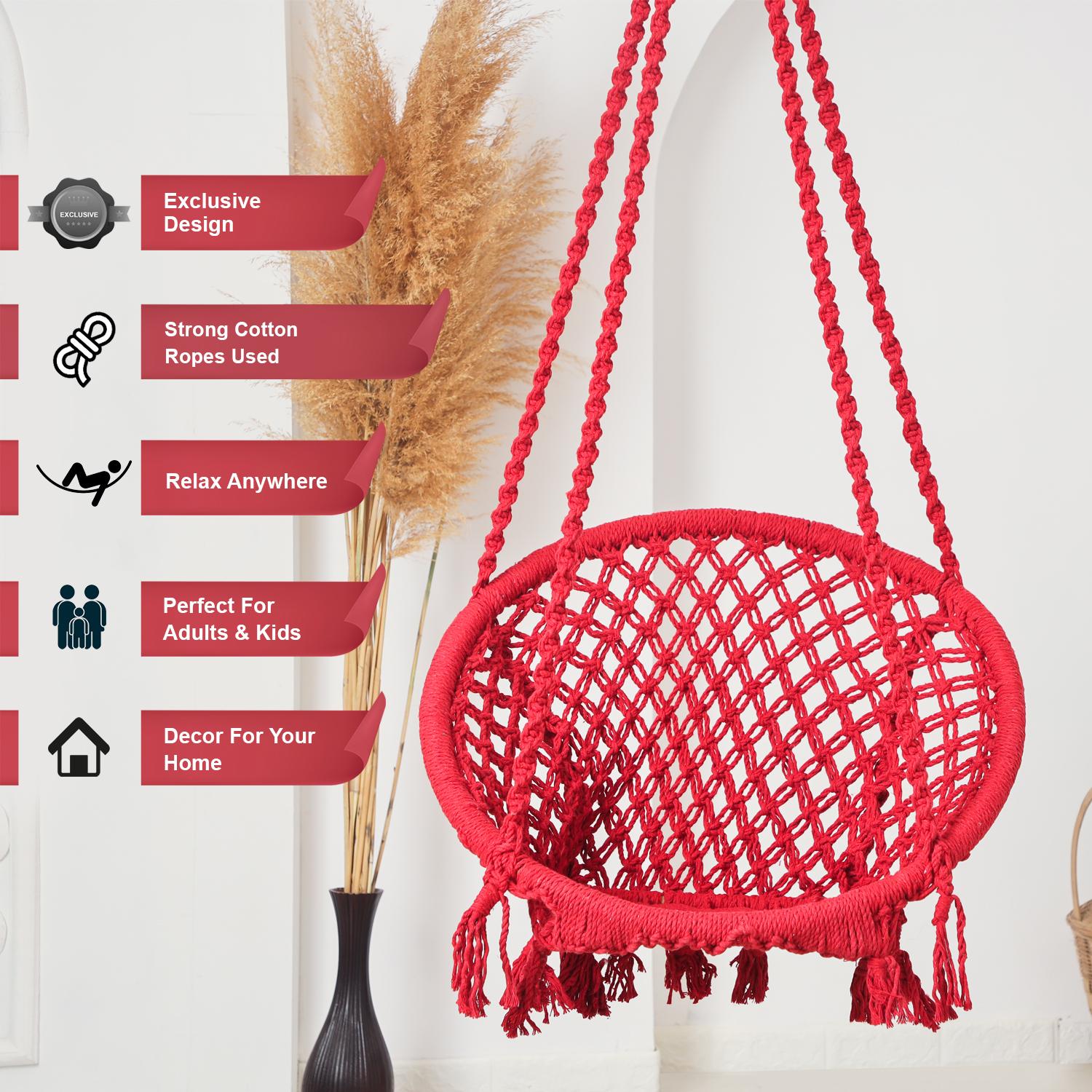 Hammock Swing Hanging Chair uyyala jula for Adult Kids Indoor Outdoor Balcony Sturdy Cotton Rope Swing Chair for Indoor, Outdoor, Bedroom - Red