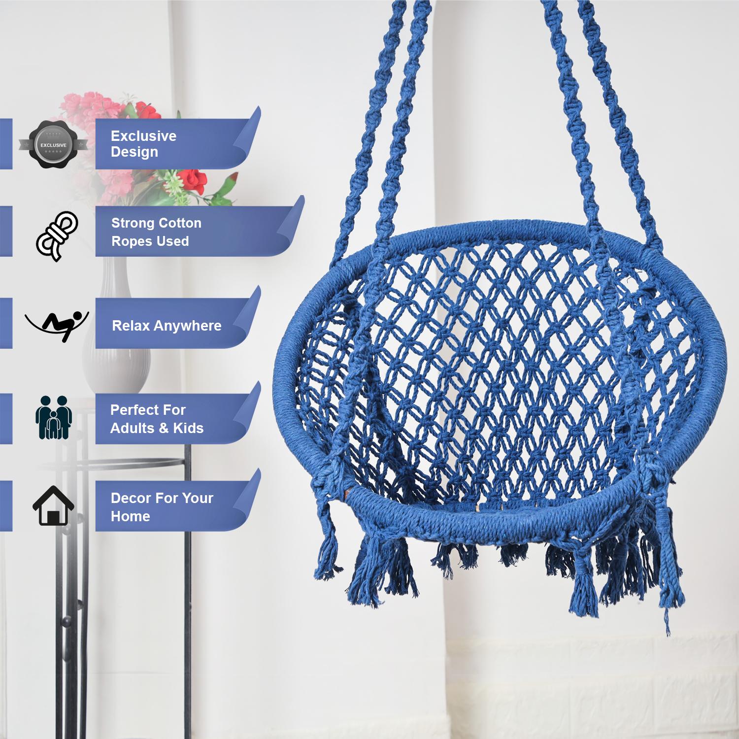 Hammock Swing Hanging Chair uyyala jula for Adult Kids Indoor Outdoor Balcony Sturdy Cotton Rope Swing Chair for Indoor, Outdoor, Bedroom - Blue