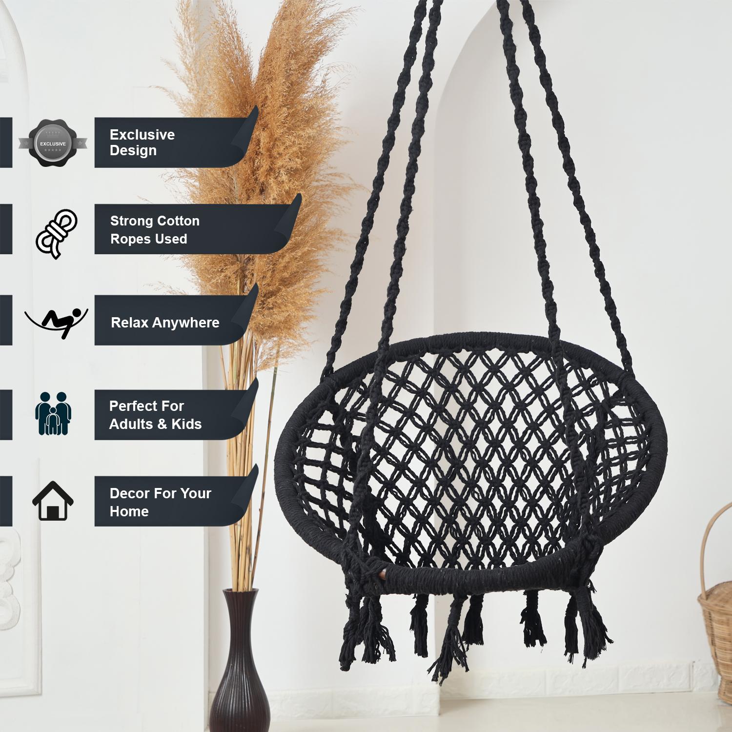 Hammock Swing Hanging Chair uyyala jula for Adult Kids Indoor Outdoor Balcony Sturdy Cotton Rope Swing Chair for Indoor, Outdoor, Bedroom - Black