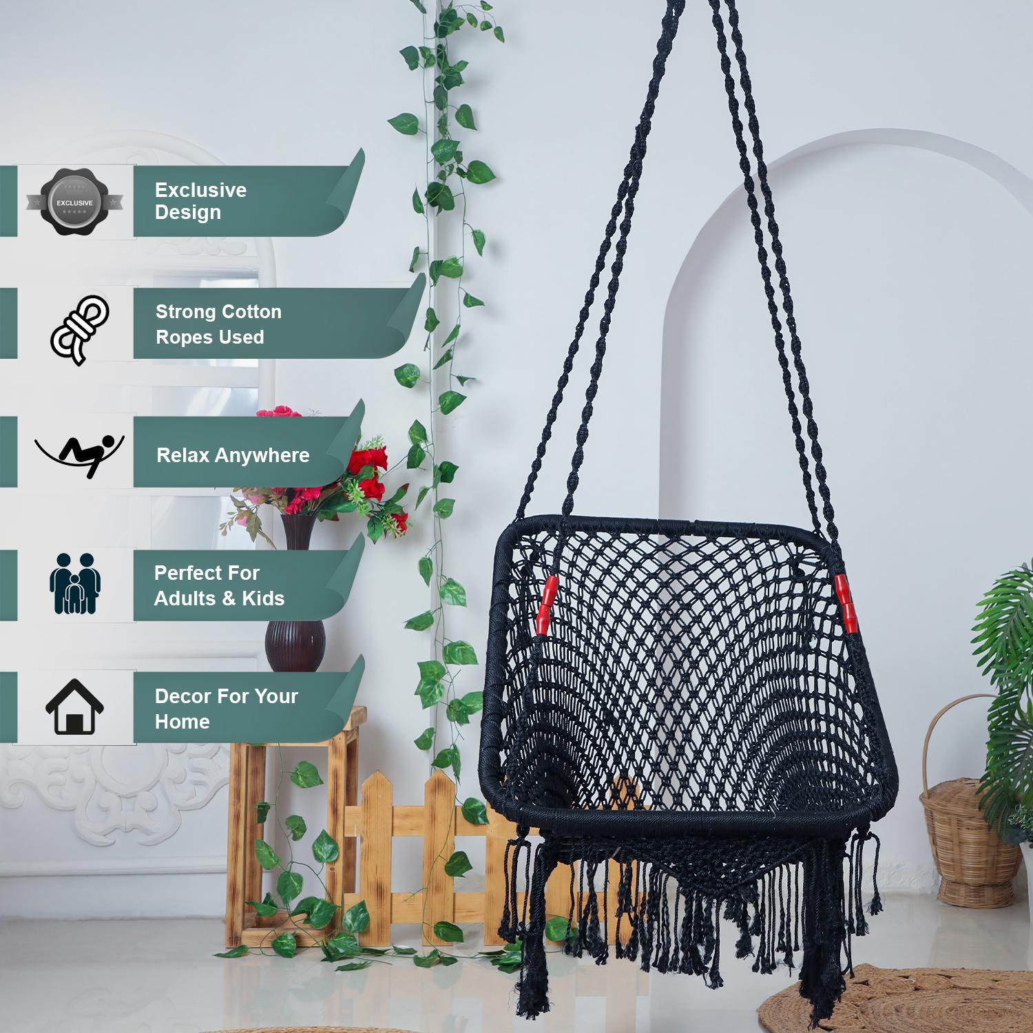Hammock Swing Hanging Chair uyyala jula for Adult Kids Indoor Outdoor Balcony Sturdy Cotton Rope Swing Chair for Indoor, Outdoor, Bedroom - Black