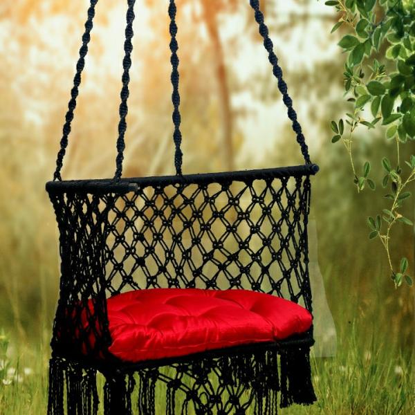Buy C-Shape Hammock Swing – Rectangle Hanging Swing for Adults & Kids | Sturdy Cotton Jula with Cushion for Balcony & Outdoors - Black